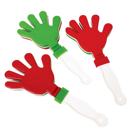 manitas aplaudidoras manitas de plastico de color verde, blanco y rojo